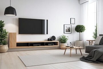 Minimalist TV room on white wall. Generative AI