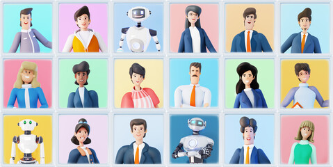 Online call illustration, background with lots of business people portraits together with robots. IA working to help people concept 3d rendering illustration 