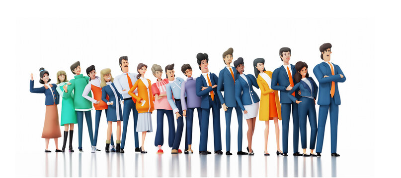Team of successful business people standing in line at white. 3D rendering illustration
