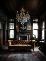 Fototapeta premium A living room with a Victorian-style design, featuring an ornate velvet sofa, intricate wallpaper, crystal chandelier, dark wood paneling, and a marble fireplace