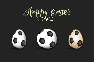 Happy Easter. Set eggs decorated in the form of a soccer balls different colors. Soccer ball. Pattern for greeting card, banner, poster. Vector illustration on isolated background