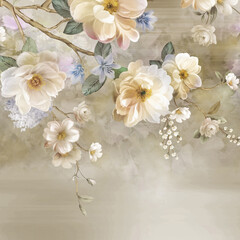 Watercolor, various flowers, and beautiful bamboo scenery