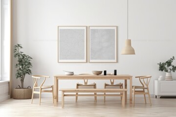 White and bleached dining room with frame mockup. Wallpaper, parquet. Japanese interiors. Generative AI