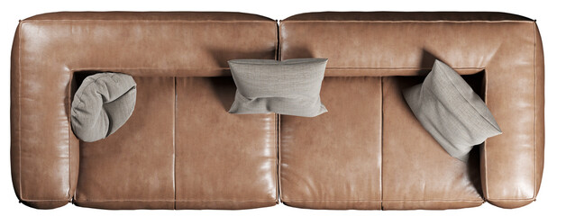 Top view of brown leather sofa with cushions