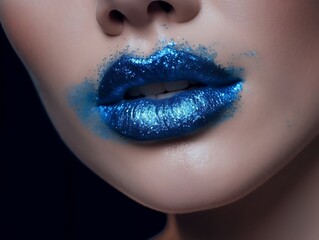 Glittering Blue. Artistic Concept of Blue Glitter Lips