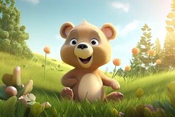 Obraz na płótnie Canvas Cute Cartoon Bear in a Meadow (Generative AI)