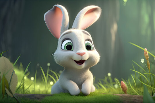 Cute Cartoon Bunny Rabbit in a Meadow (Generative AI)