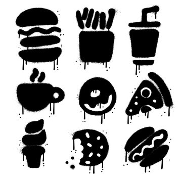 American traditional food cuisine hand drawn set in y2k urban graffiti style. Images for menu with burger, fries, soda, cookies, coffee, ice cream, hot dog, donut and pizza. 90s vector illustration.