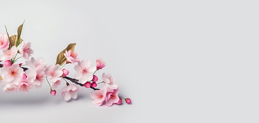 Sakura. Cherry tree branch on light background with copy space. AI generated content