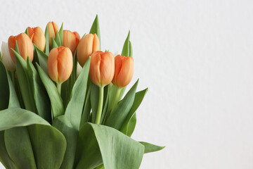 Fresh orange tulip flowers bouquet on the table with white background, View with copy space