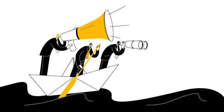 Top managers of the company in business suits are sailing on a paper boat. Vector illustration dedicated to company management and crisis management.