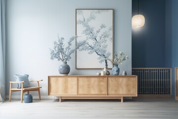 White and blue Japanese living room. Wooden dresser with wall mockup. Marble floor, panorama, wallpaper mockup. Modern decor,. Generative AI