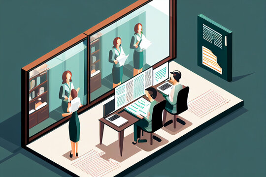 ometric illustration of business people working on different platforms for Web Development or Teamwork concept. generative ai
