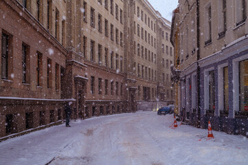 snow on the street in Old Riga in december 2021