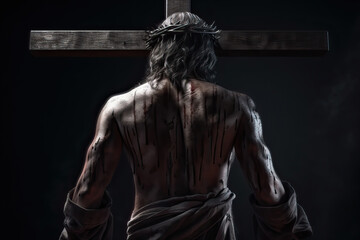 Back view of Jesus Christ flogged on black background. Passion and crucifixion concept. Generative ai - 584849656