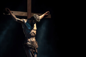 Jesus Christ crucified on the cross. Passion and crucifixion. Concept for catholic religion, christian worship, holy week and Easter Day concept. Generative ai