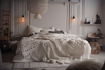 Scandinavian bedroom. white crocheted bed. Comfortable white brick room. bedside garland. Generative AI