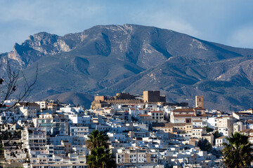 View of the village of white houses of Salobreña on the Mediterranean coast of Andalusia (Spain)