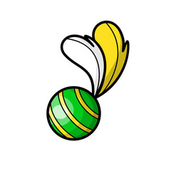 Cartoon teasing ball with feathers. Cat toys for indoor cats, kitten interactive training. Accessories for pet shop. Care goods for domestic animals. Vector isolated illustration on white background.