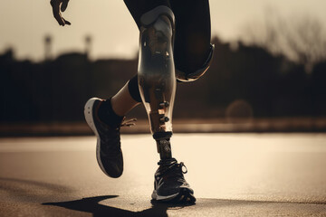 Close up of a disabled person with a prosthetic leg exercising on a sports track. Generative ai - obrazy, fototapety, plakaty