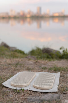 Wooden board with sharp metal nails