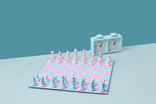 Chess set in pastel colors with heart pattern.