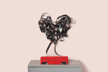 Tangled heart-shaped black tape of red VHS cassette.