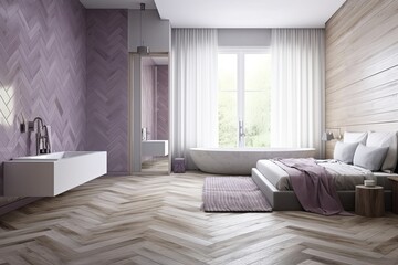 Obraz premium White and purple herringbone parquet bedroom and bathroom. Double bed, paper door, wooden bathtub. Farmhouse decor,. Generative AI
