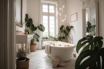 White contemporary tub with Monstera deliciosa plant and candles in boho bathroom. Bright bohemian apartment. Generative AI