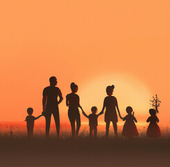 Happy family mother, father, children son and daughter on sunset