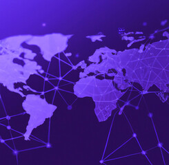 Fototapeta premium Light blue nodes connecting with world map, crypto background