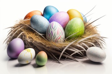 Colored easter eggs with patterns on a white background in a nest, Generative Ai