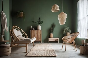 Japanese home interior design in white and green tones, wabi sabi living room, wall mockup, rattan hanging chairs with decors,. Generative AI