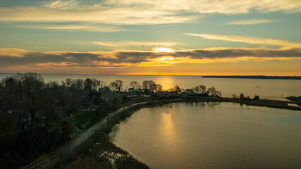 Colorful sky view of sunrise over the bay