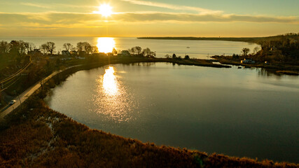 Skyview of a sunrise over the bay