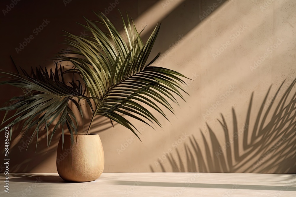 Sticker Simple product placement background with concrete wall palm shadow. Summer luxury interior design. Modern tropical mockup. Generative AI