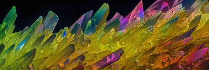 magnification of abundant Olivine Crystals rainbow banner background (generative ai)