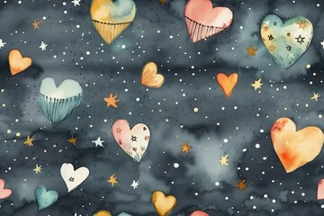 Fototapeta na wymiar Boho kids' seamless pattern. Cute watercolor stars, hearts, and dots on gray. Wallpaper, textile, print, packaging, baby room, and infant design. Generative AI