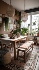 Fototapeta na wymiar A dining room with a bohemian-inspired design, featuring a low dining table with patterned cushions, collection of eclectic artwork on the walls