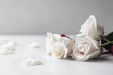 Fototapeta na wymiar White rose and flag on floor in white background. Memorial Day concept. Generative ai.