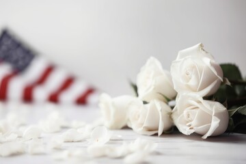 White rose and flag on floor in white background. Memorial Day concept. Generative ai.