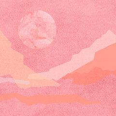 Abstract landscape pink moon, sky and mountains