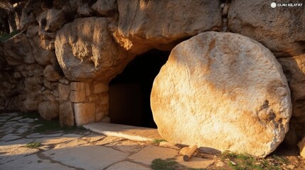 The empty tomb of Jesus Christ, after the resurrection on easter morning, stone rolled to the side