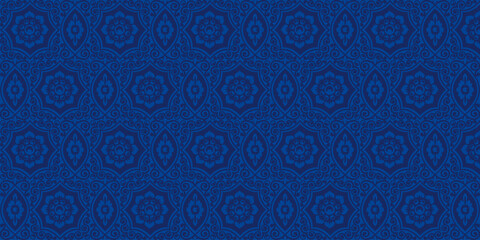 Navy blue vector pattern seamless background. Arabic drawn tile. Trendy home decor. Filigree floral motif. Vector illustration.