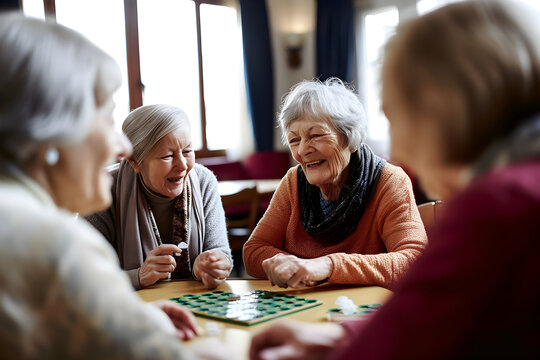 Group of senior women playing board games, leisure, socializing, friendship, fun, activity, togetherness, generative ai.