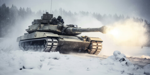 Obraz na płótnie Canvas Miltary tank in combat during a snowstorm by generative AI