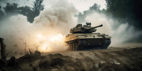Fototapeta na wymiar Combat military tank in battle in a forest by generative AI