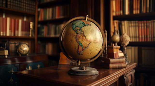 Vintage geographic globe on the background of bookshelves. Science, education, History and geography Generative AI