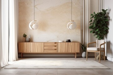 White and beige Japanese living room. Wooden dresser with wall mockup. Marble floor, wallpaper. Modern decor,. Generative AI