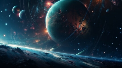 Obraz na płótnie Canvas Planets and galaxy, cosmos, physical cosmology, science fiction wallpaper. Beauty of deep space Generative AI